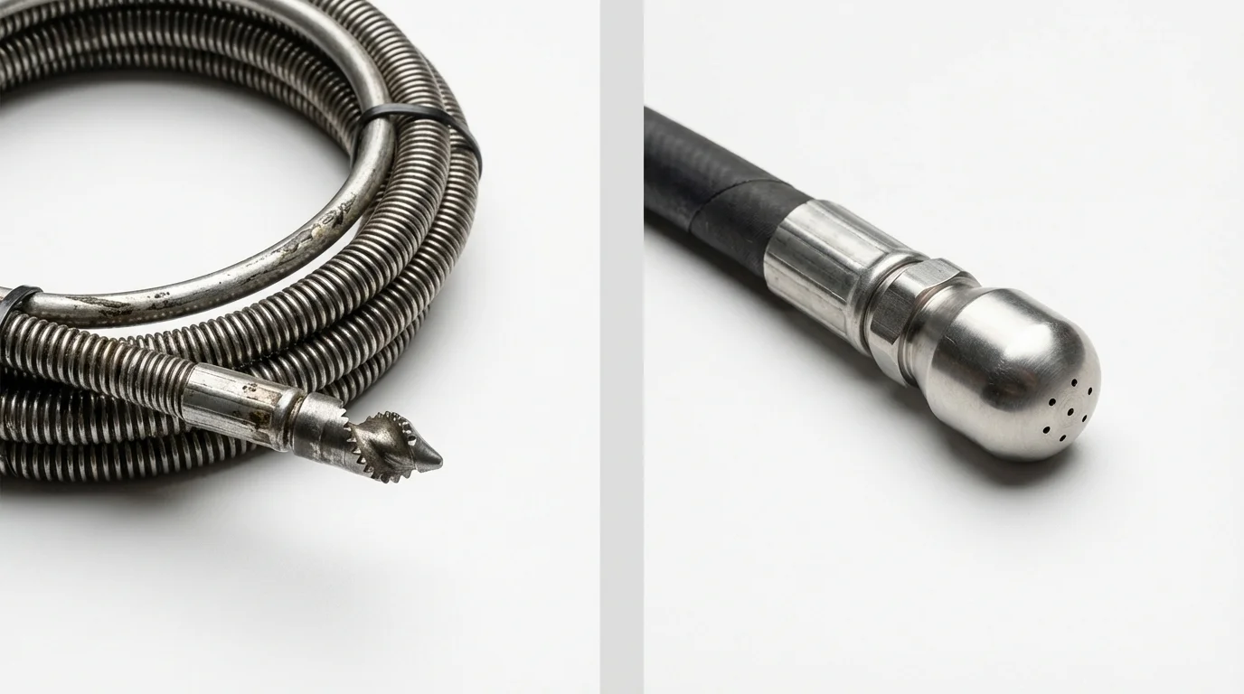 Drain snake cable and hydro jetting nozzle used for drain cleaning in Montague, MI