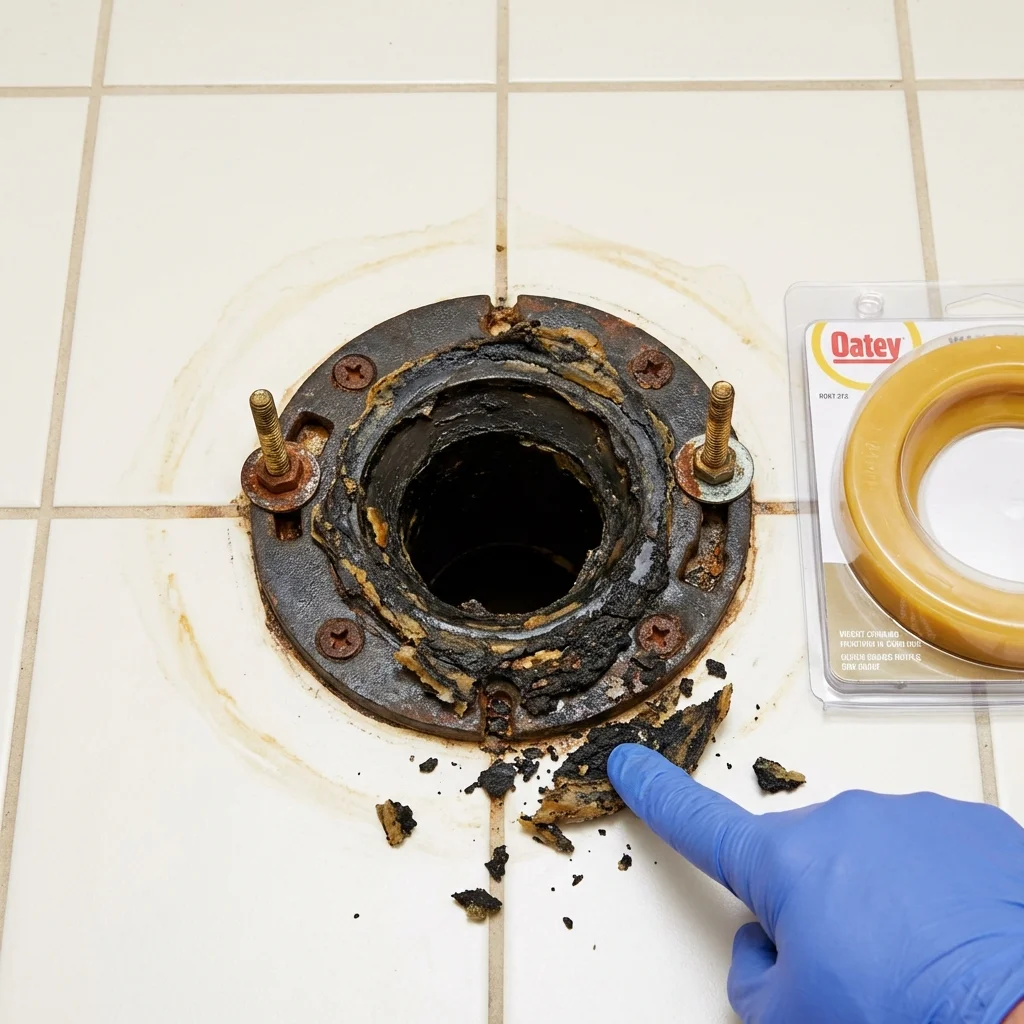 Failed wax ring showing water seepage at the base of a toilet in a Montague, MI home