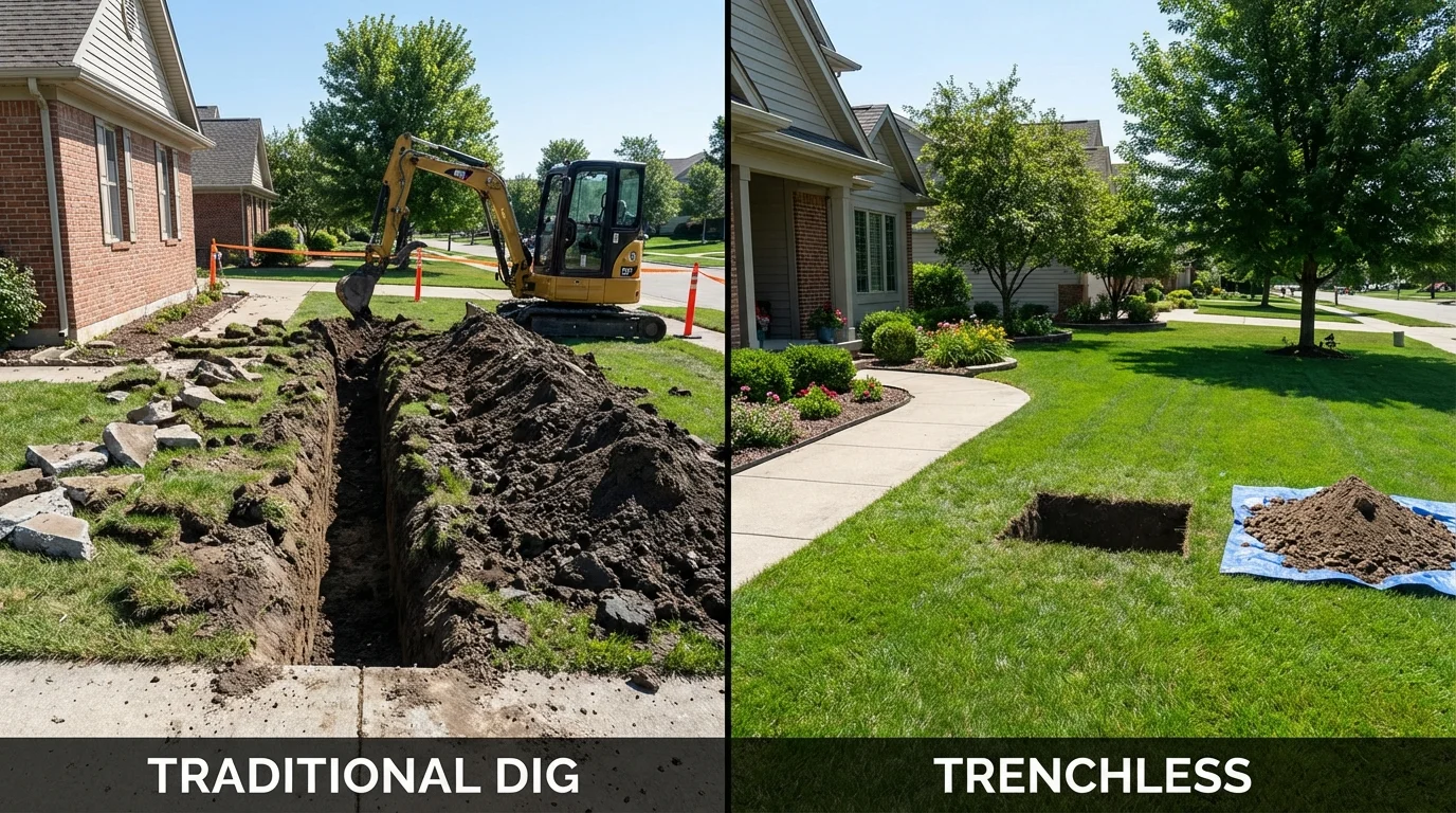 Trenchless sewer repair with minimal yard damage versus traditional excavation in Montague, MI