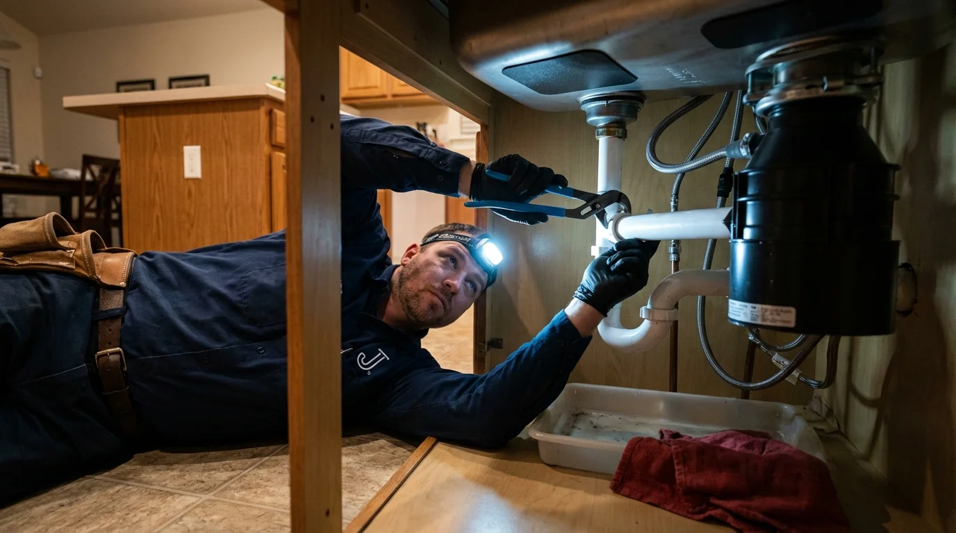 P-trap and supply line connections under a kitchen sink showing a common leak point in Montague, MI